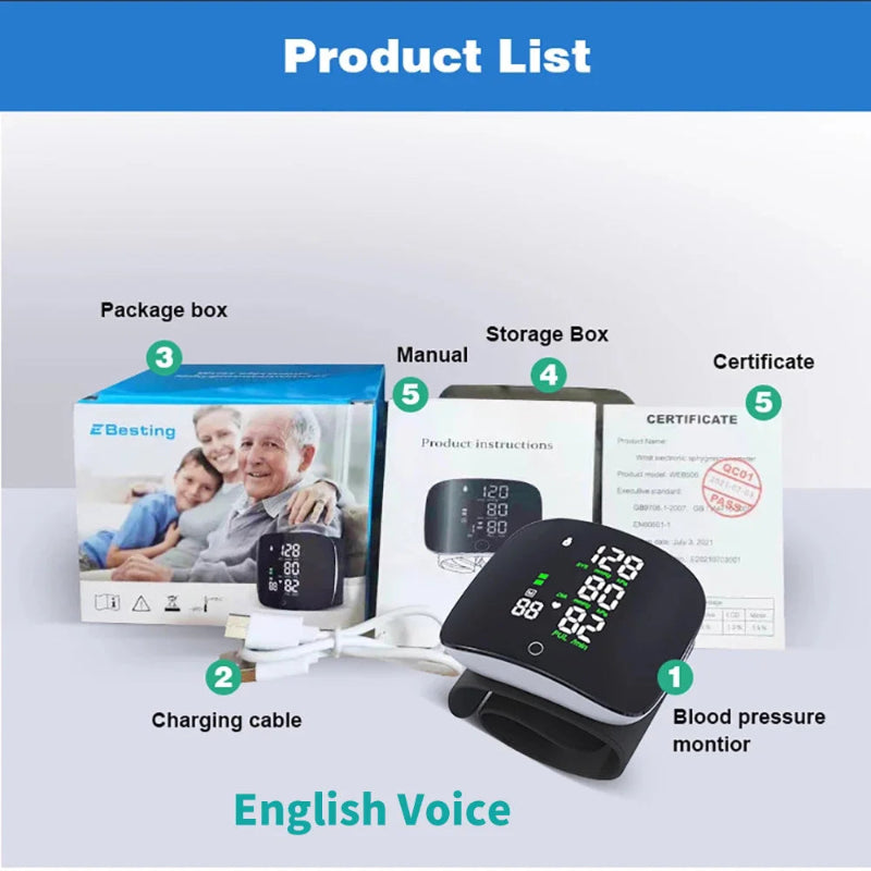 Rechargeable Smart Touch LCD Screen Voice Wrist Blood Pressure Monitor Digital  Automatic Tonometer Heart Rate Sphygmomanometer