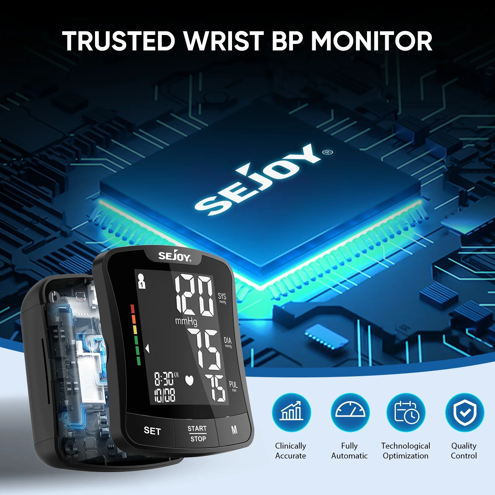 SEJOY Electronic Blood Pressure Monitor Wrist Cuff Tonometer Digital Sphygmomanometer Electronic BP Monitors Blood Meter