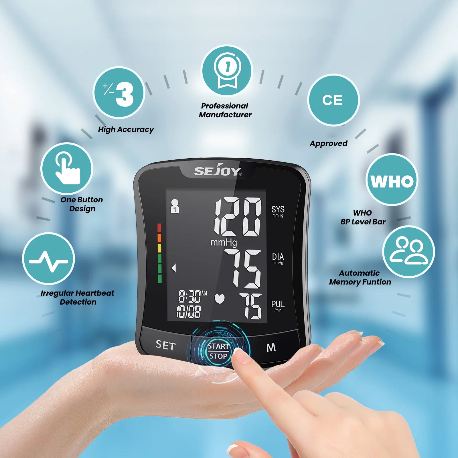 SEJOY Electronic Blood Pressure Monitor Wrist Cuff Tonometer Digital Sphygmomanometer Electronic BP Monitors Blood Meter