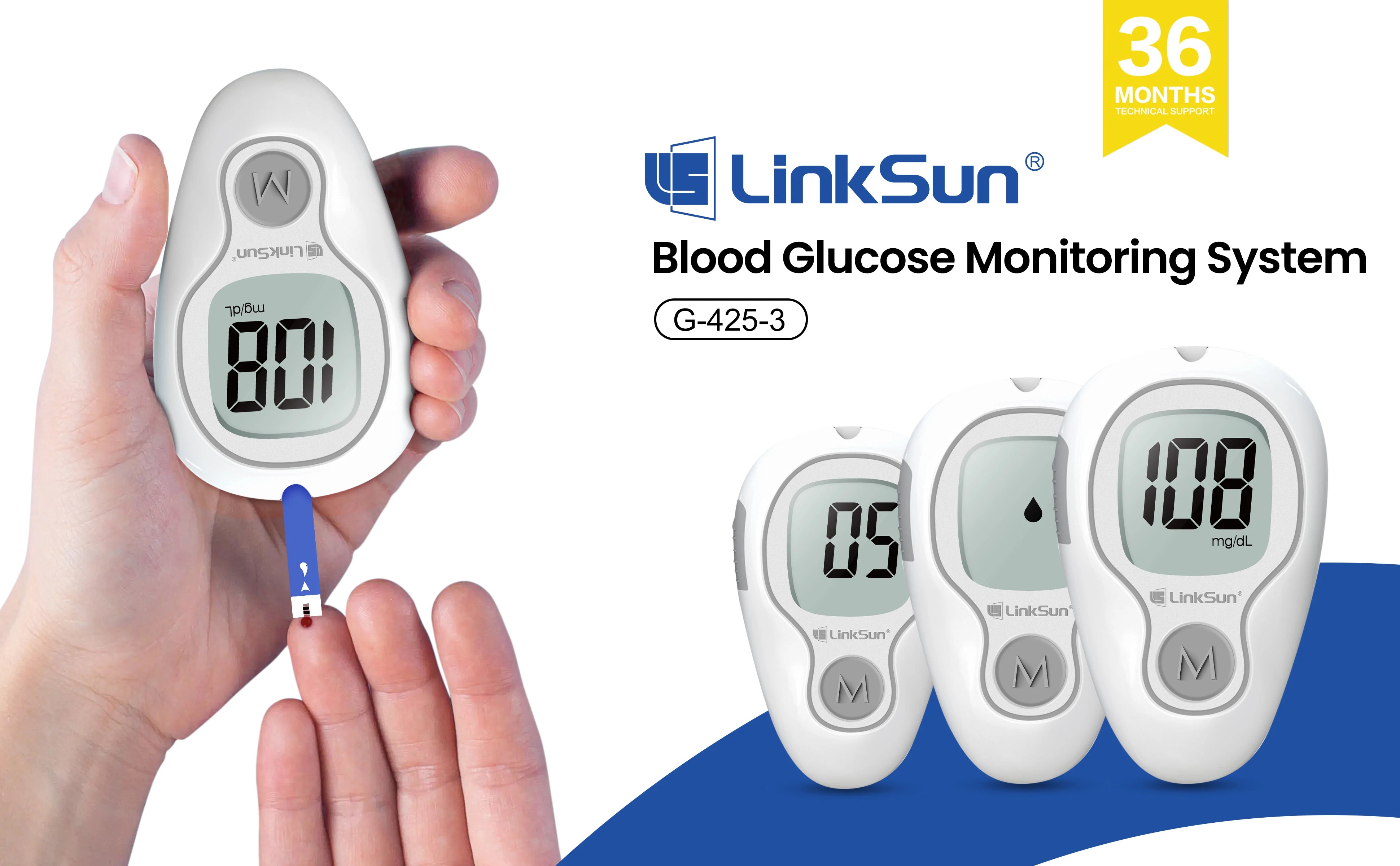 LinkSun Blood Glucose Meter G-425-3 Glucosemeter Kit No Code For Diabetes Tester 10/50/100pcs Strips Medical Blood Sugar Monitor