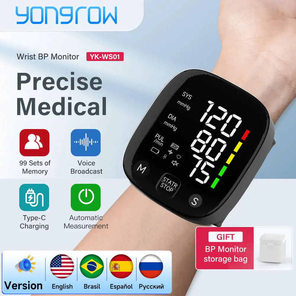 Yongrow Rechargeable Digital Wrist Blood Pressure Monitor Sphygmomanometer Tonometer Tensiometer Heart Rate Meter BP Monitor