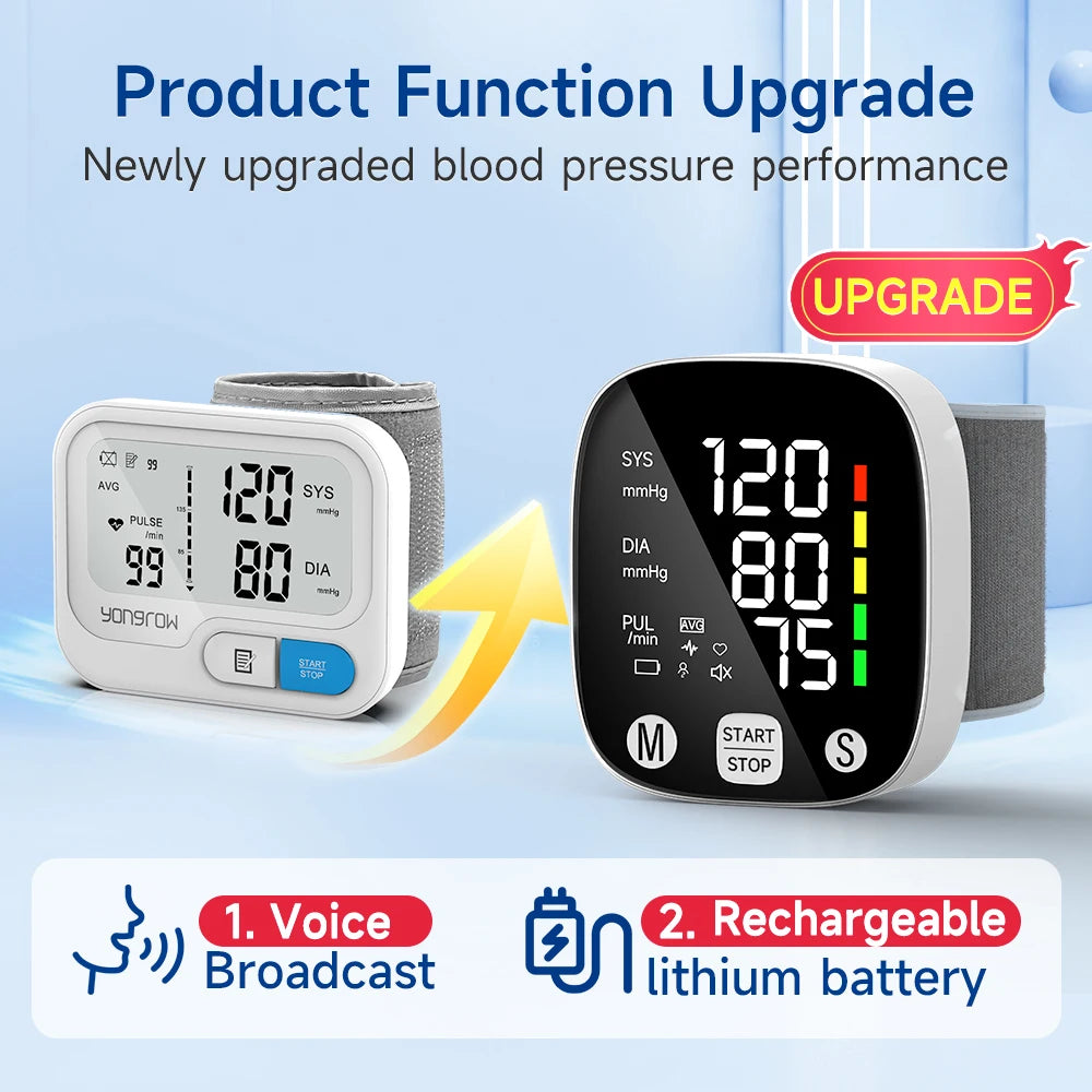 Yongrow Rechargeable Digital Wrist Blood Pressure Monitor Sphygmomanometer Tonometer Tensiometer Heart Rate Meter BP Monitor