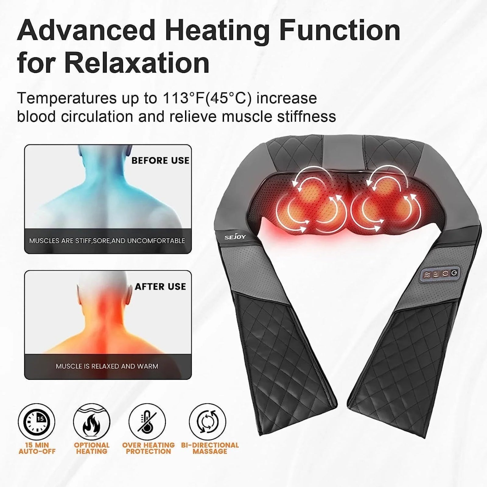 Sejoy Rechargable Neck Massager with Heat Air Compression Wireless Circulation Massage Electric Shiatsu Neck Shoulder Massager