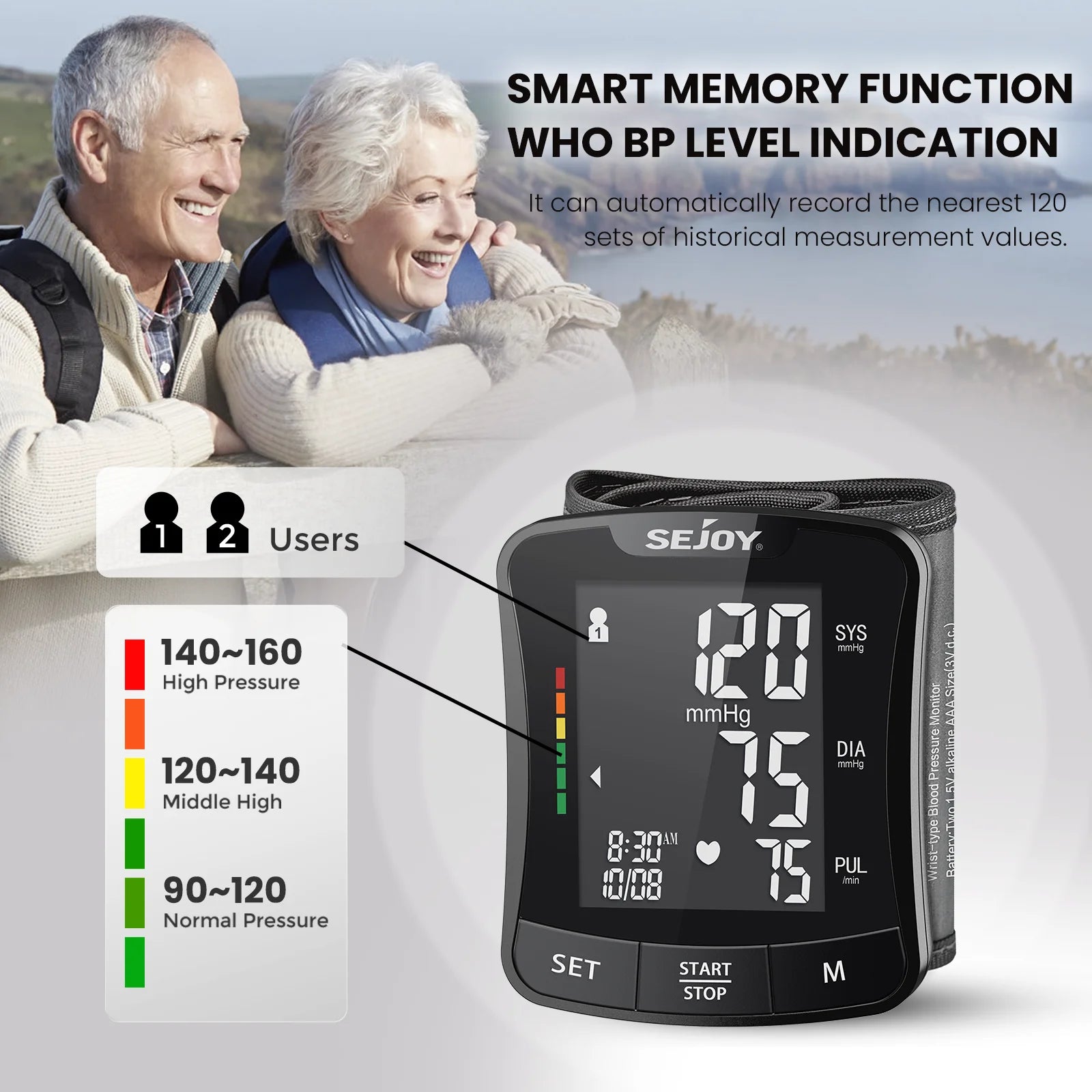 SEJOY Electronic Blood Pressure Monitor Wrist Cuff Tonometer Digital Sphygmomanometer Electronic BP Monitors Blood Meter